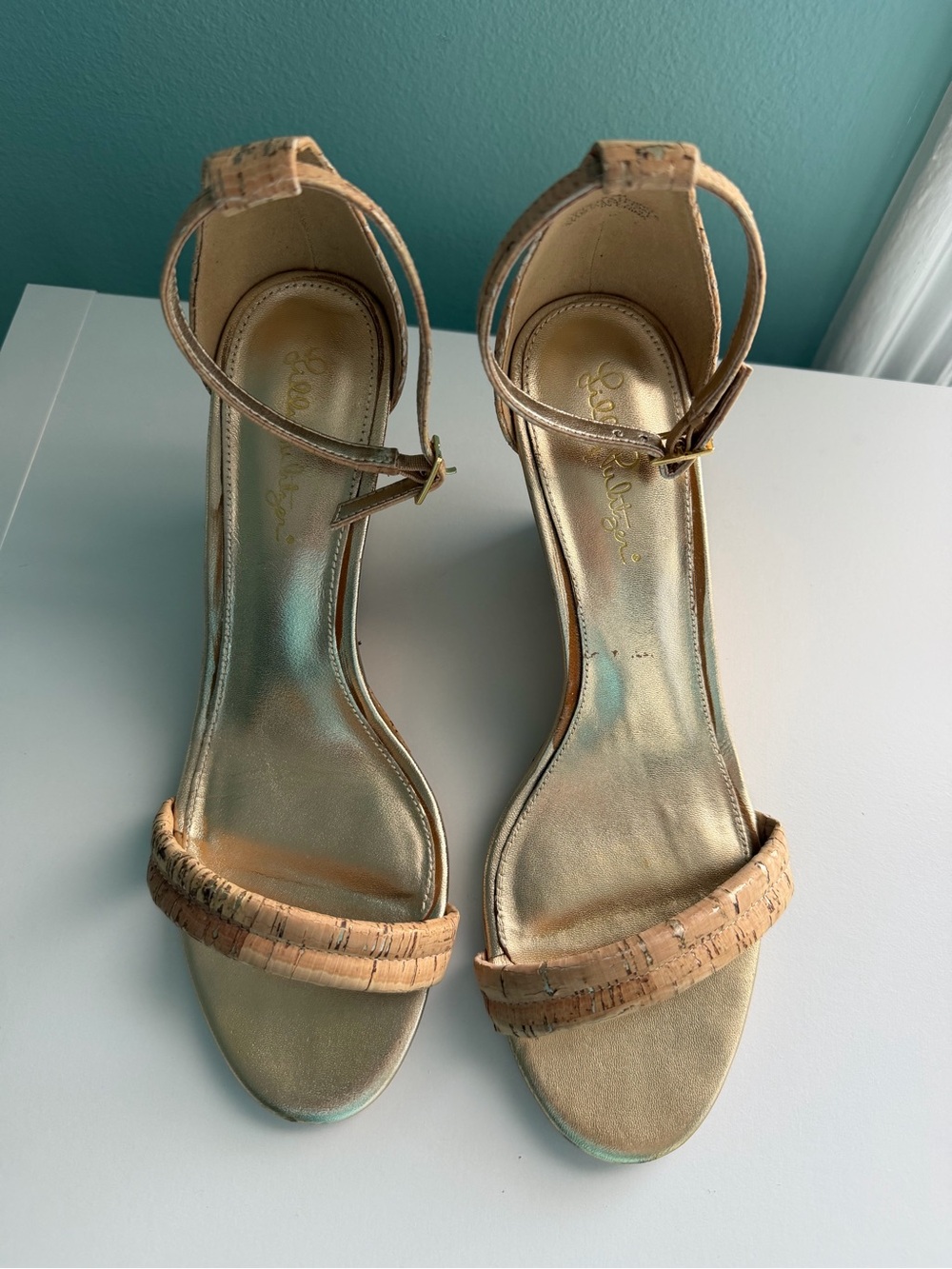 Lilly Pulitzer Jenna Wedge Sandals in Natural/Gold Cork size 9.5
